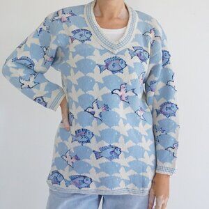 Vintage Blue Fish Bird Cloud Pattern Knit V Neck Animal Print Sweater M/L